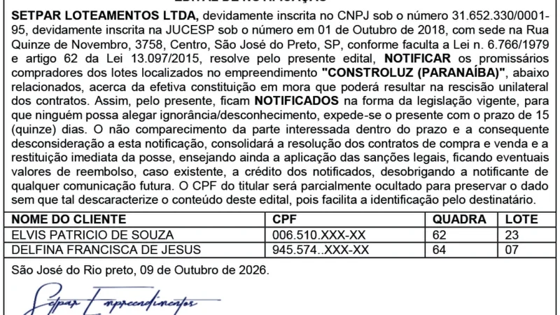 Edital de Publicação – Setpar Loteamentos Ltda