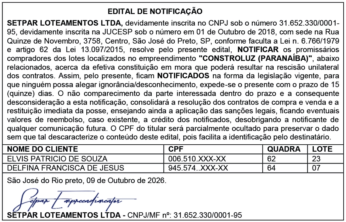 Edital de Publicação – Setpar Loteamentos Ltda