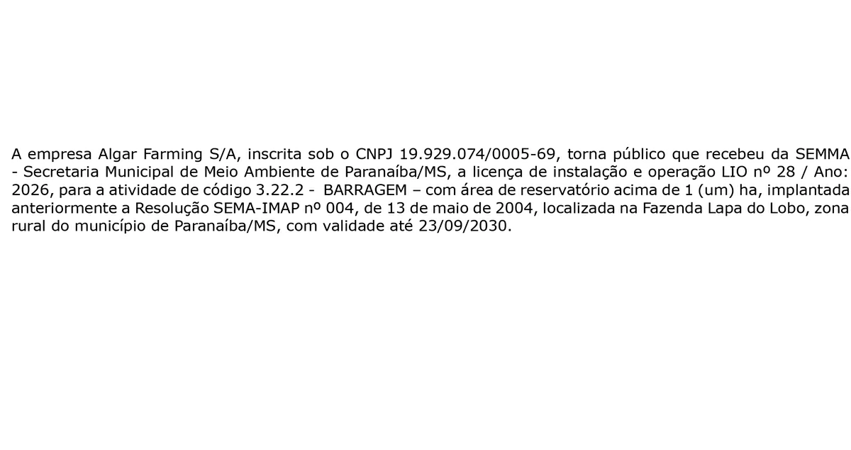 Edital de Publicação – Algar Farming S/A